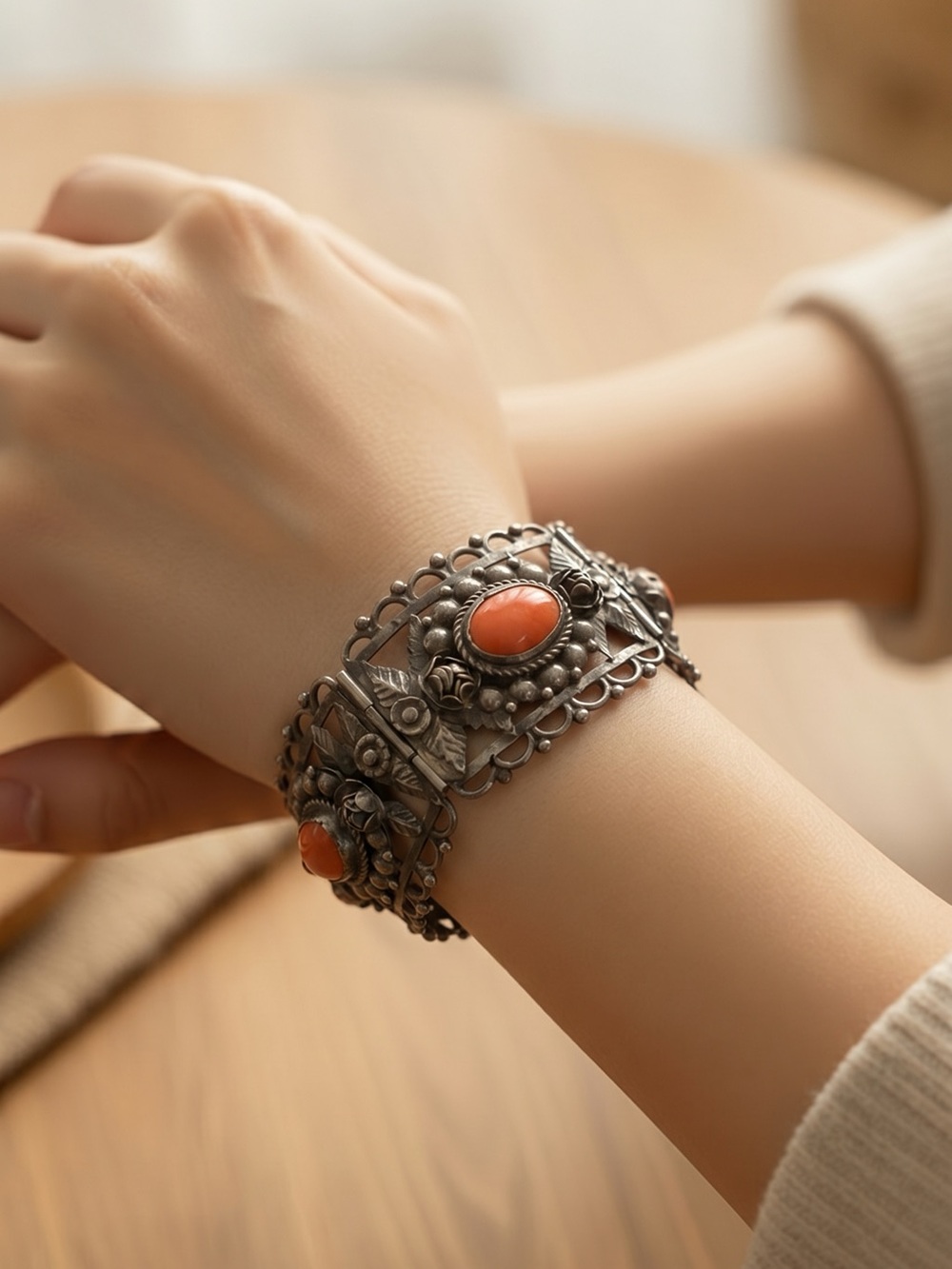 Vintage 1930's Etruscan Revival Franconeri Red Coral 800 Silver Hinged Bracelet